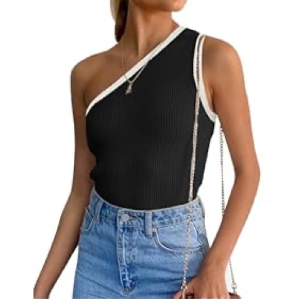 Zesica One Shoulder Sweater Black White Stretch Ribbed Knit Size …